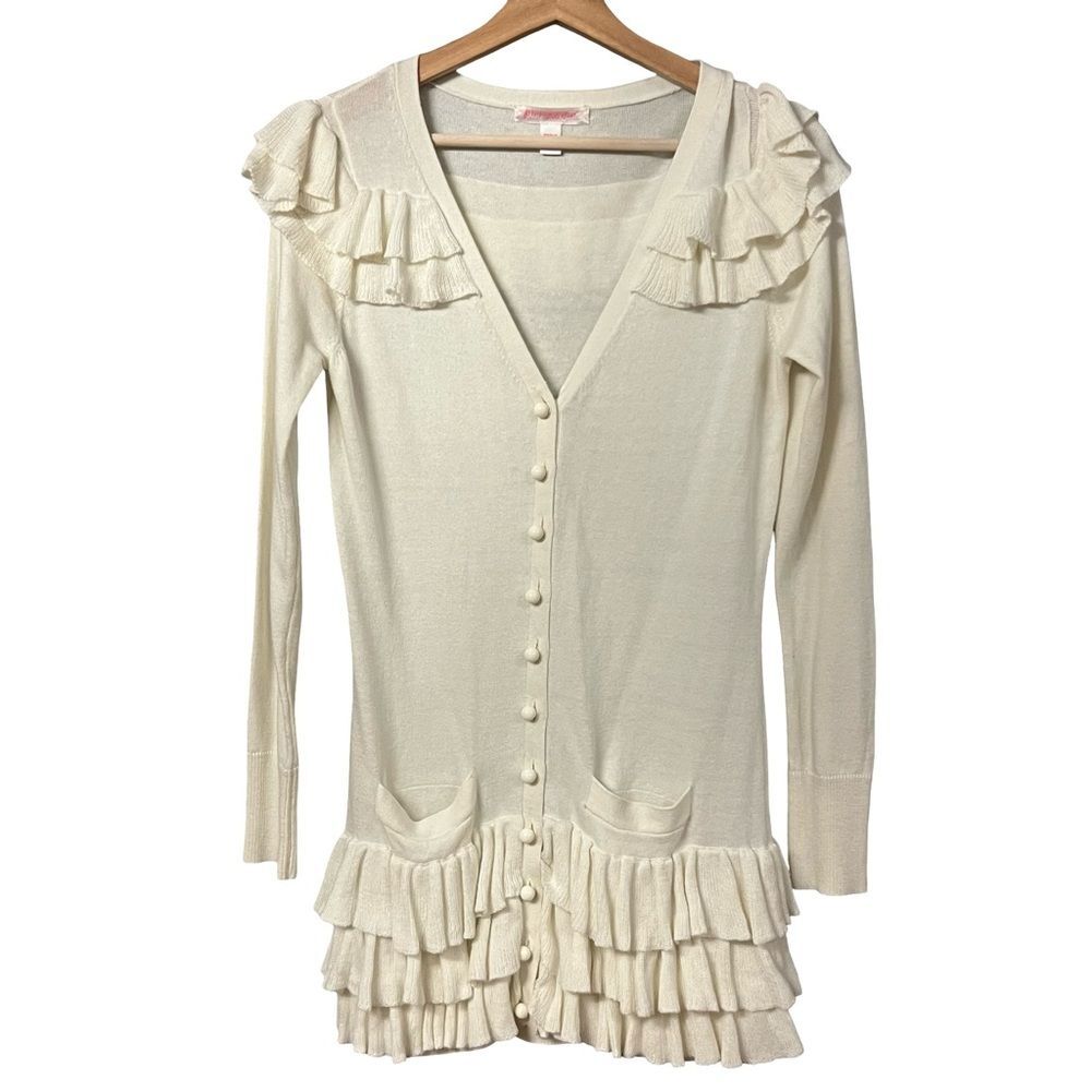 Vintage Betsey Johnson Y2K Ruffle Cardigan Sweater Size M Coquette Shoujo Fairy